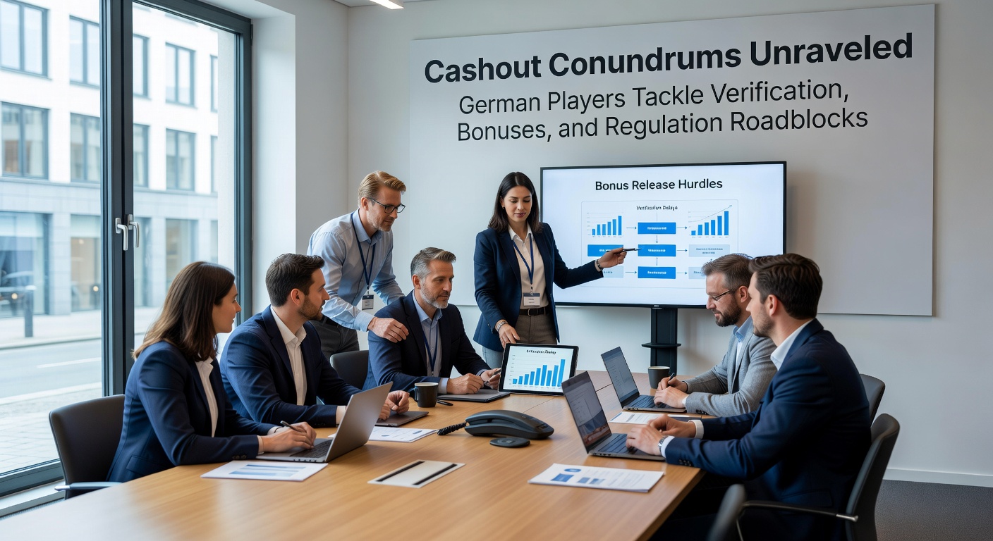 Deutscher Spieler am Laptop prüft Casino-Auszahlungsdokumente mit Verifizierungsformularen und Regulierungslogos im Hintergrund