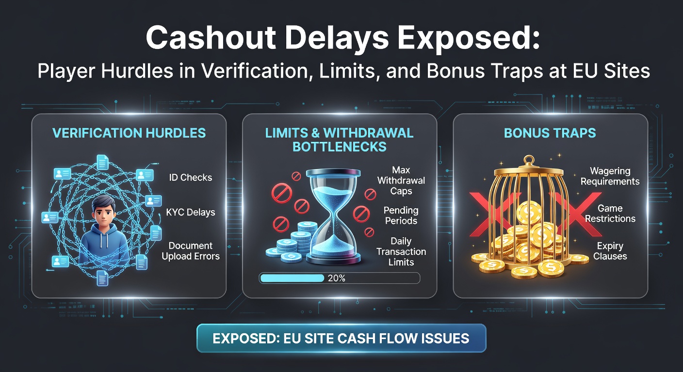 Grafik zeigt verzögerte Auszahlungen bei EU-Casinos mit Uhrzeigern und Hürdenbarrieren
