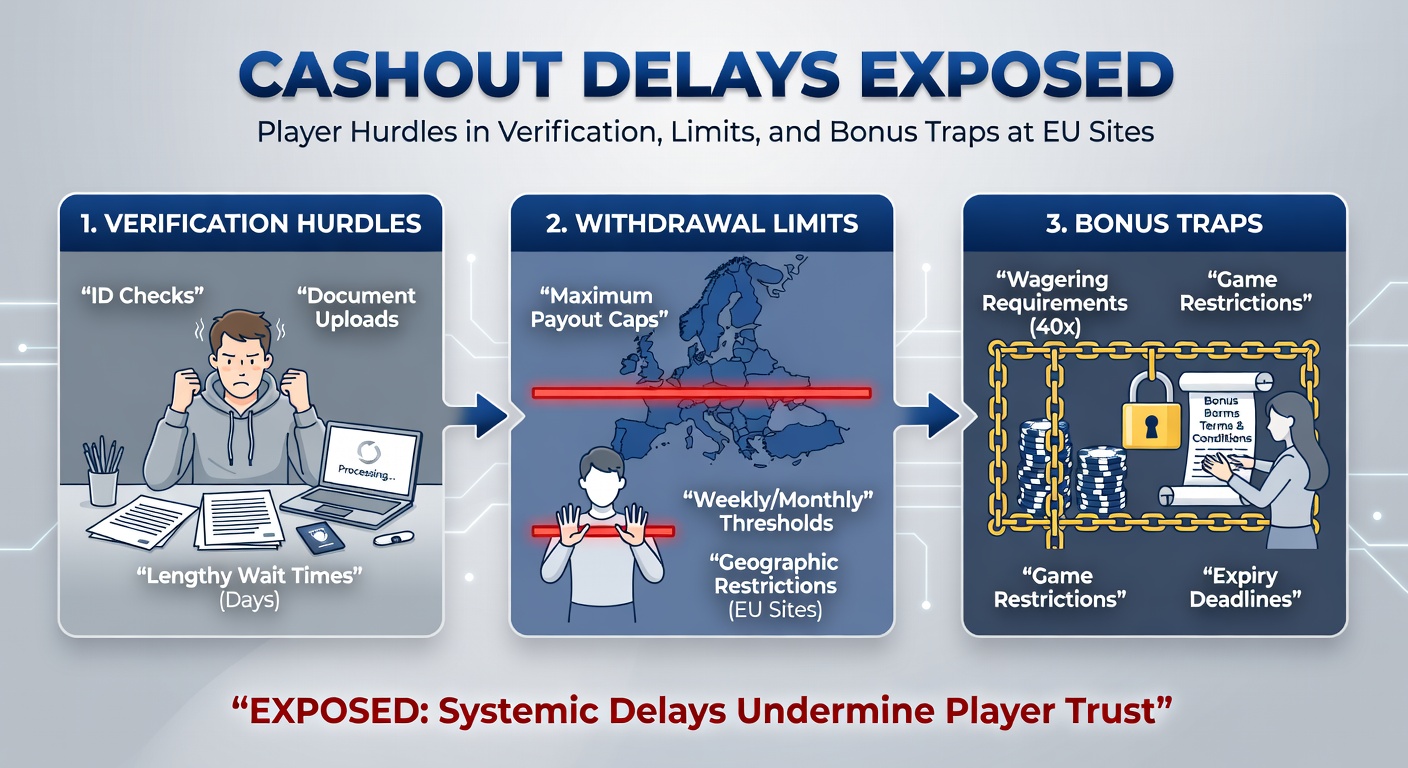 Diagramm mit Auszahlungsfluss und Fallen wie Verifizierungsschleifen und Limitwänden bei EU-Casinos