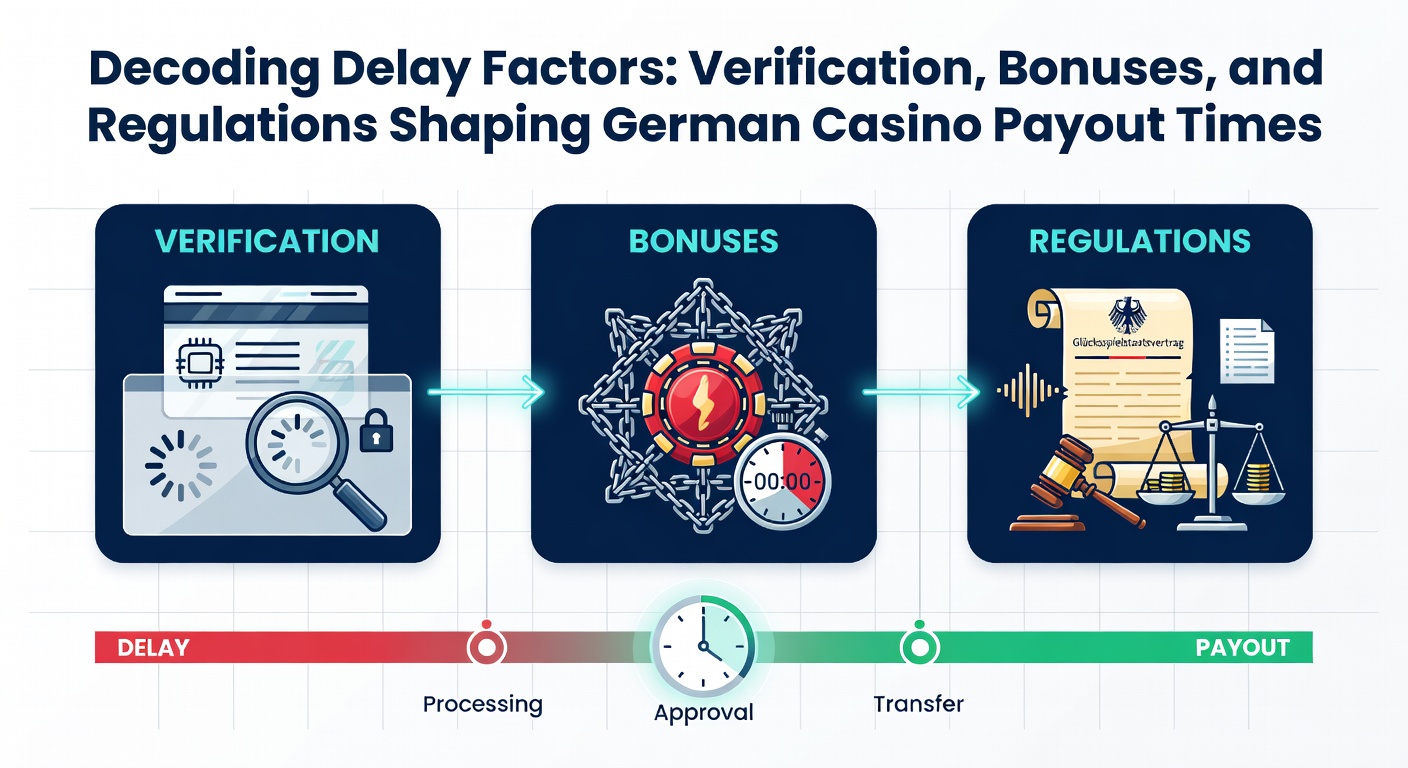 Grafik zeigt Uhrzeiger und Casino-Chips, symbolisiert Verzögerungen bei Auszahlungen