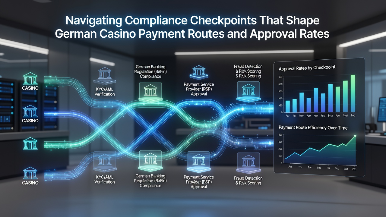 Detailansicht von Zahlungsrouten mit Compliance-Checkpoints und Genehmigungsprozessen in Casinos