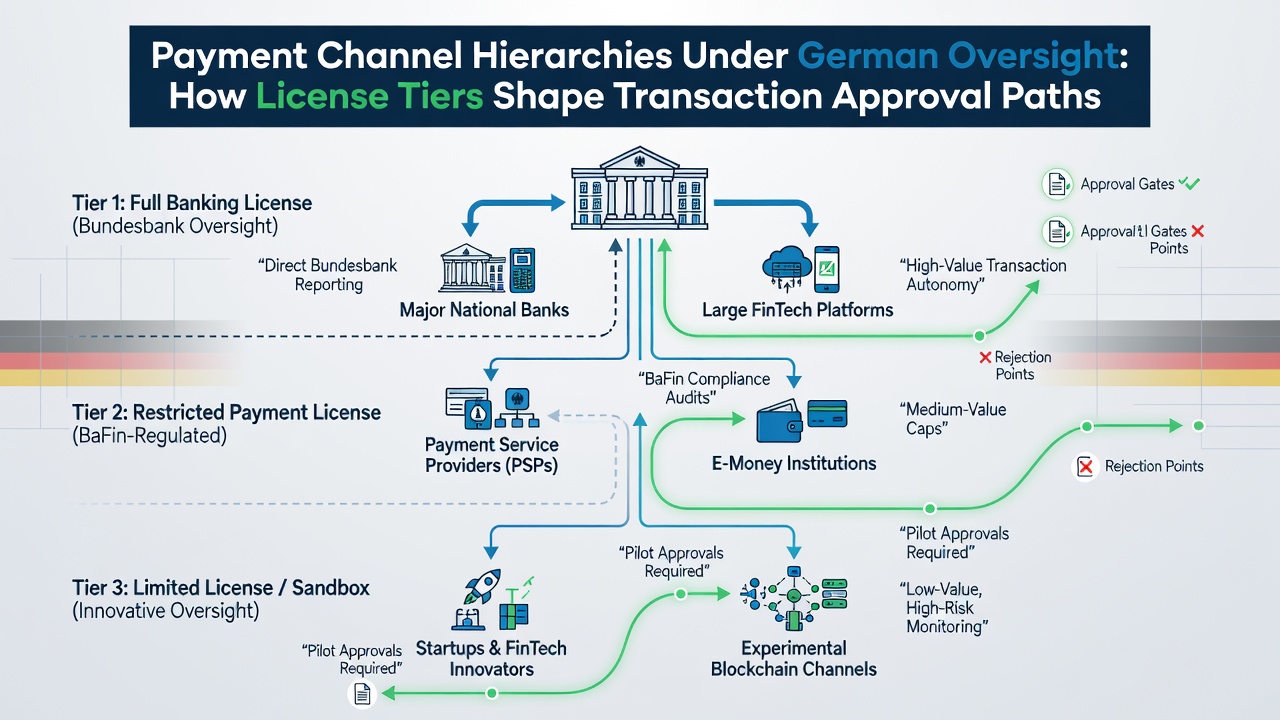 Flowchart illustrating transaction approval paths based on German license tiers